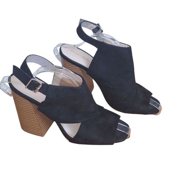 Madden NYC Chunky Stacked Heel Sandal Slingback Black Micro Suede 5" size 10M - Picture 8 of 16